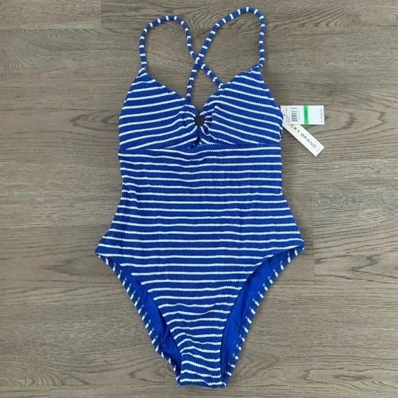 Lucky Brand Keyhole Detail Striped One-piece Swimsuit - Size L - Navy Stripe NWT